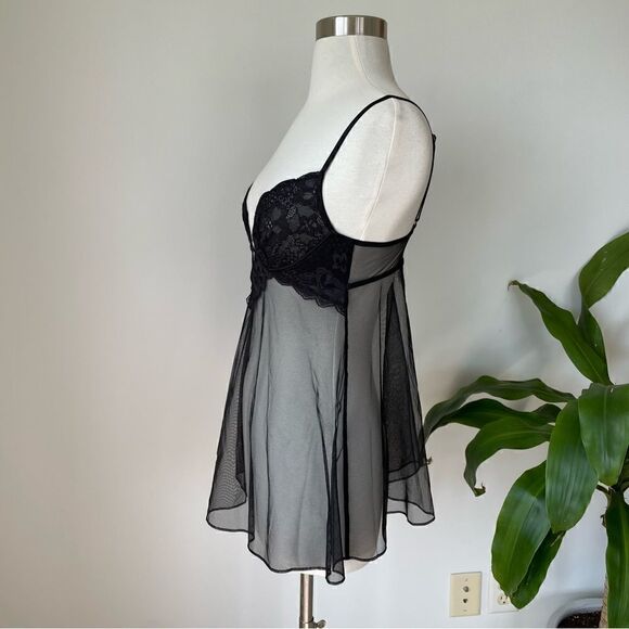 New Victoria’s Secret Chemise Babydoll Black Sheer Lace Small Sexy Deep Neck - Picture 3 of 10